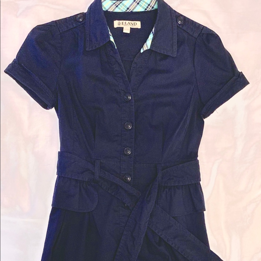Eland Blur Belted Vintage Mini Dress Cotton Navy